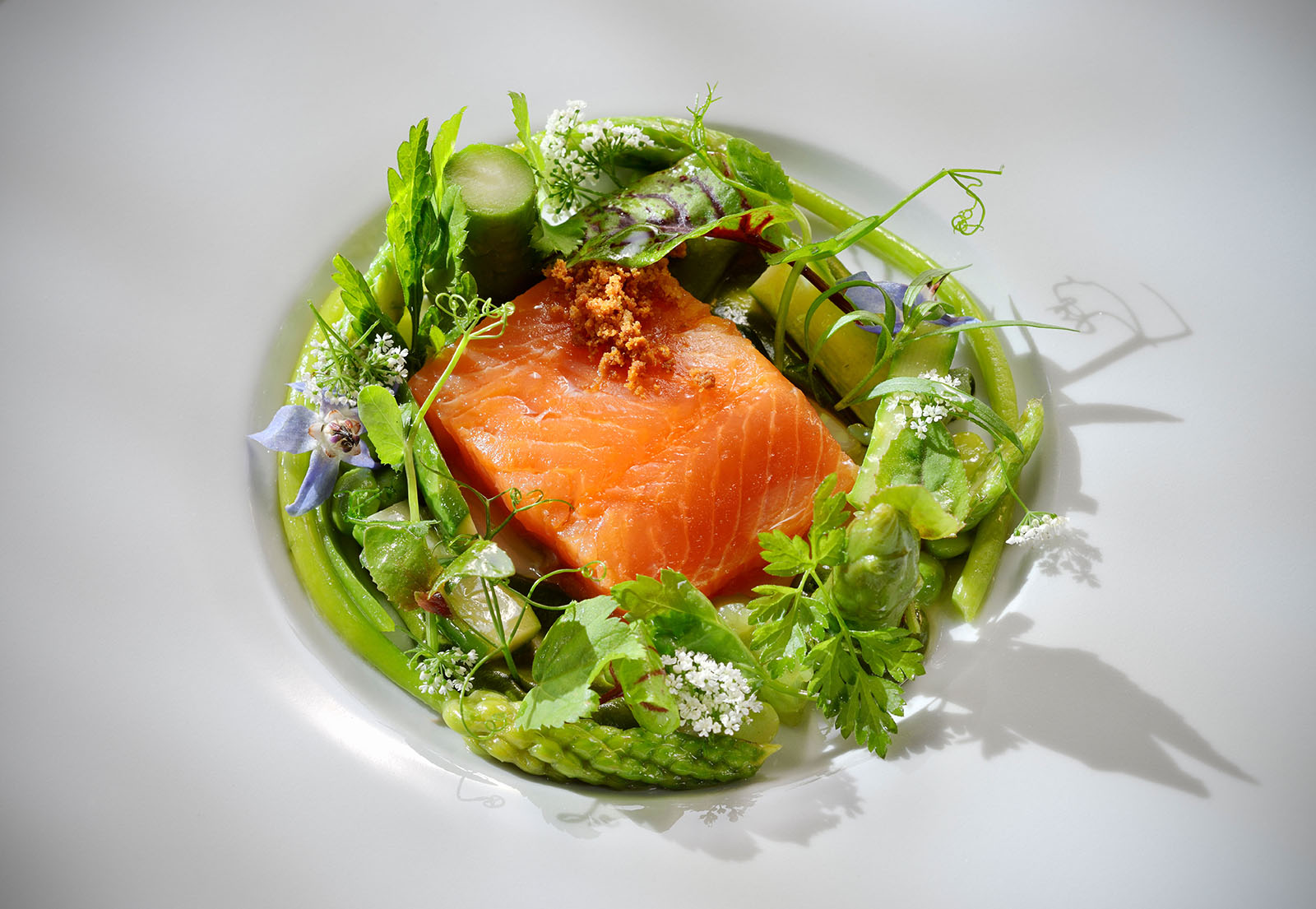 Gedämpfter Somplarer Saibling mit wildem Spargel und Kräutersalat